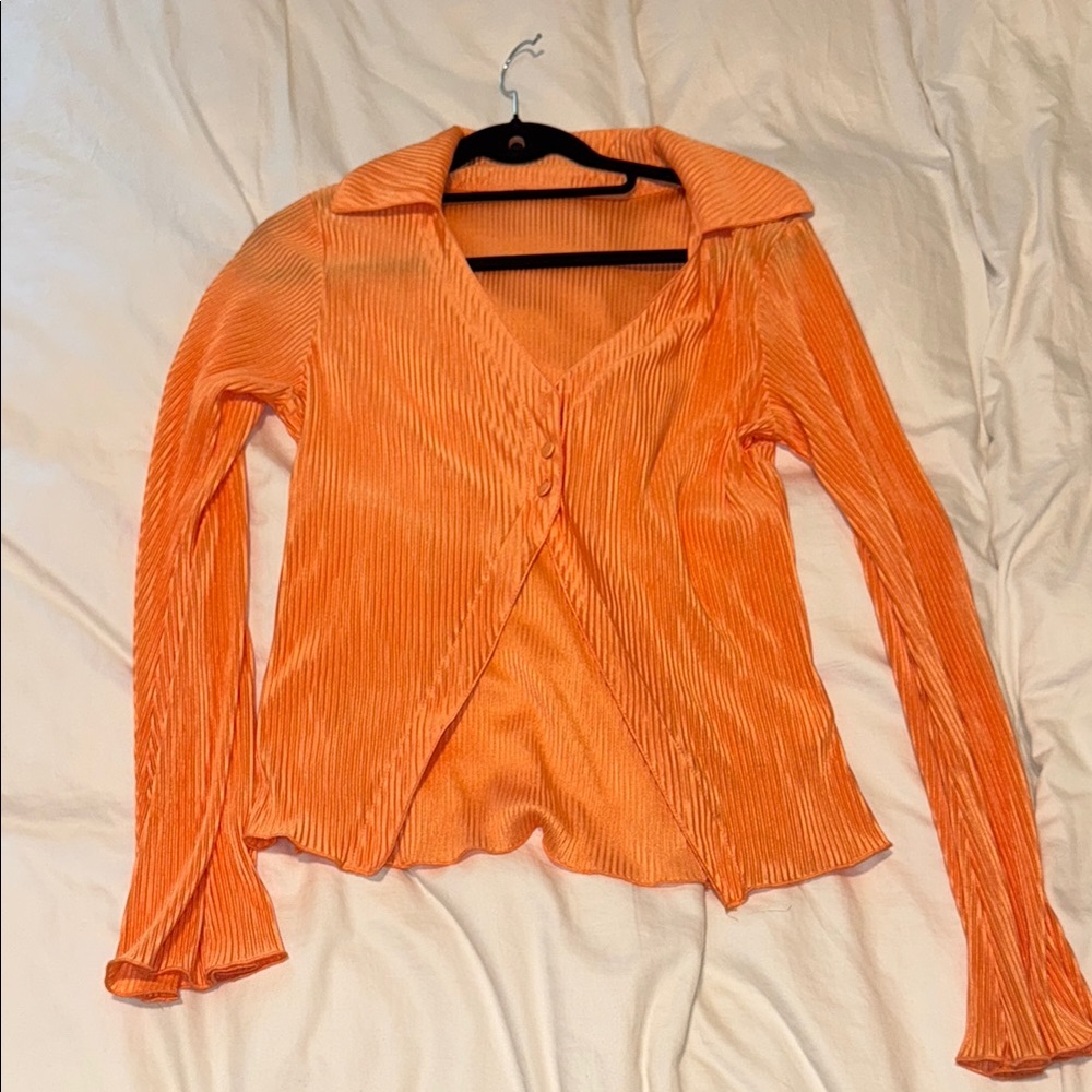 SHEIN Orange Asymmetrical Ribbed Long Sleeve Blouse